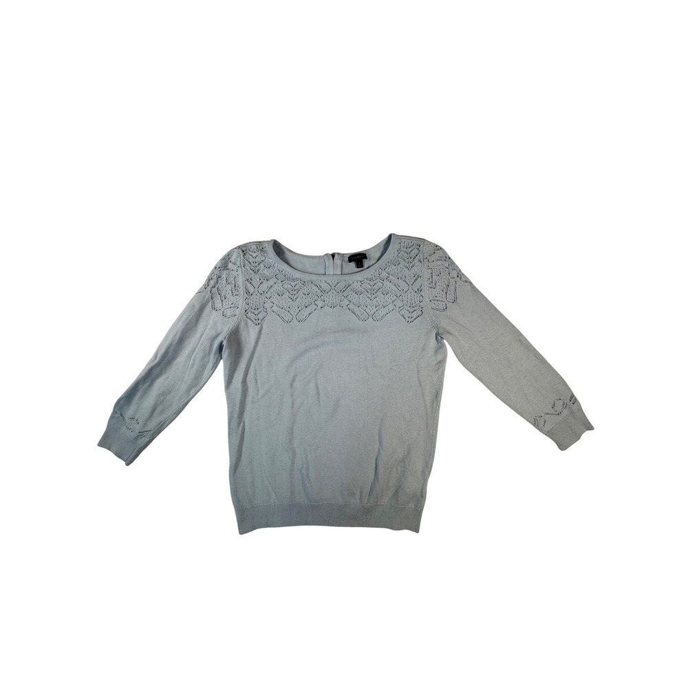 Talbots Sweater Womens S Blue Pointelle Eyelet Back‎ Zip 3/4 Sleeve Knit